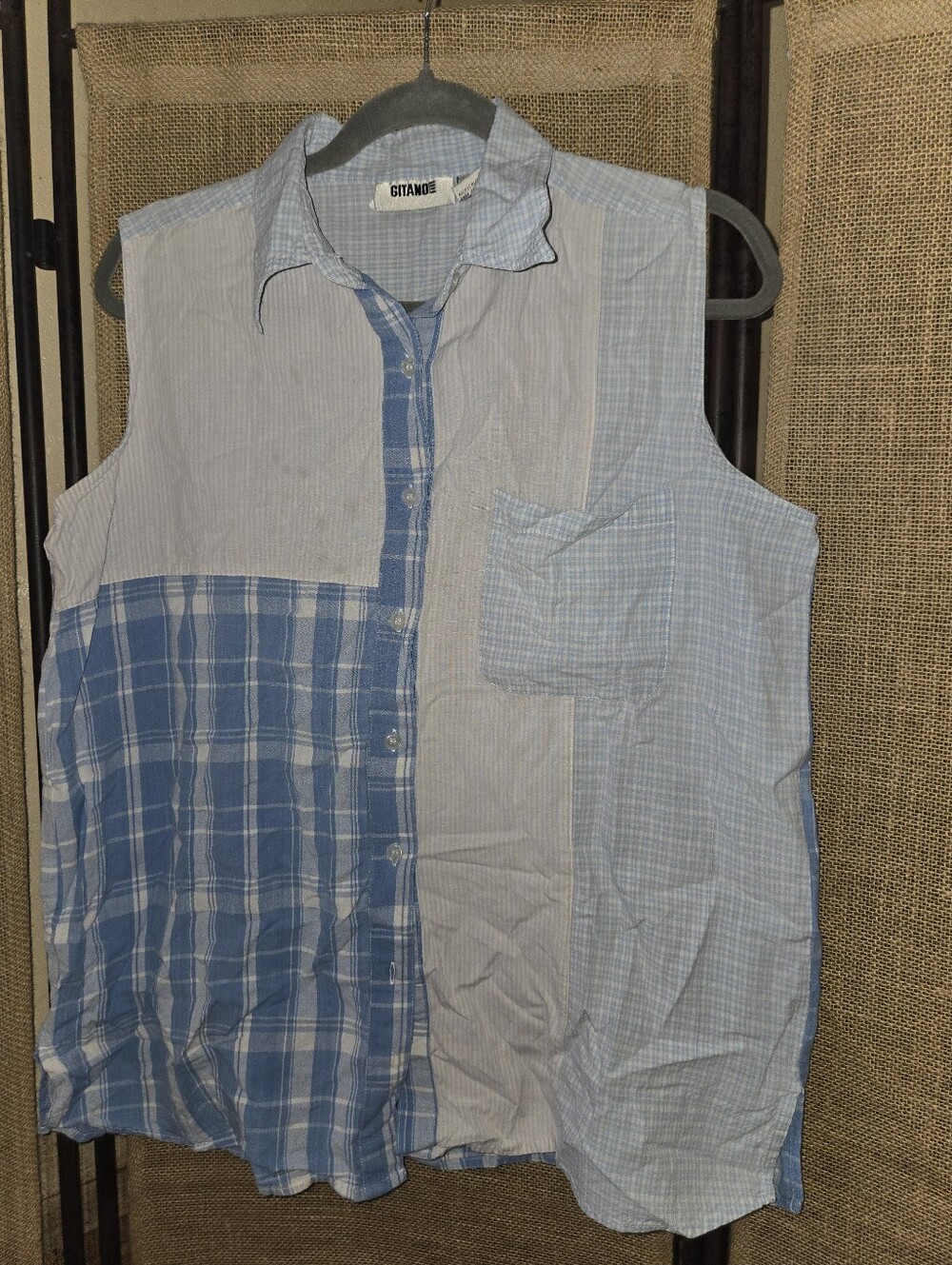 Vintage Y2K Gitano Light Blue Patchwork Sleeveless Button-Up Shirt Side Slit L